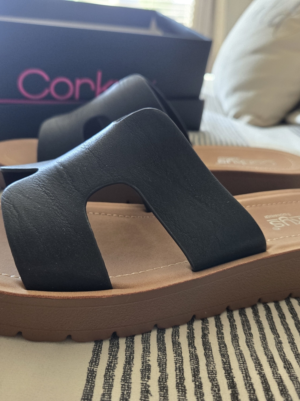Corkys Black Slide Sandals with Tan Footbed - Picture 3 of 6